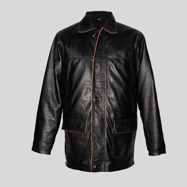 Ambassador - Men's Luxury Black Leather Coat with Tan Piping -Eco-Friendly Elegance